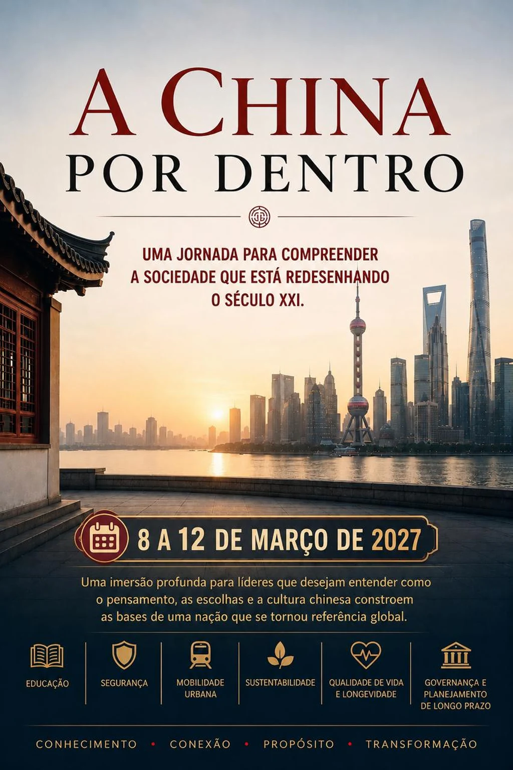 Pôster da missão empresarial A China Por Dentro, com a skyline de Xangai ao entardecer e os pilares da jornada